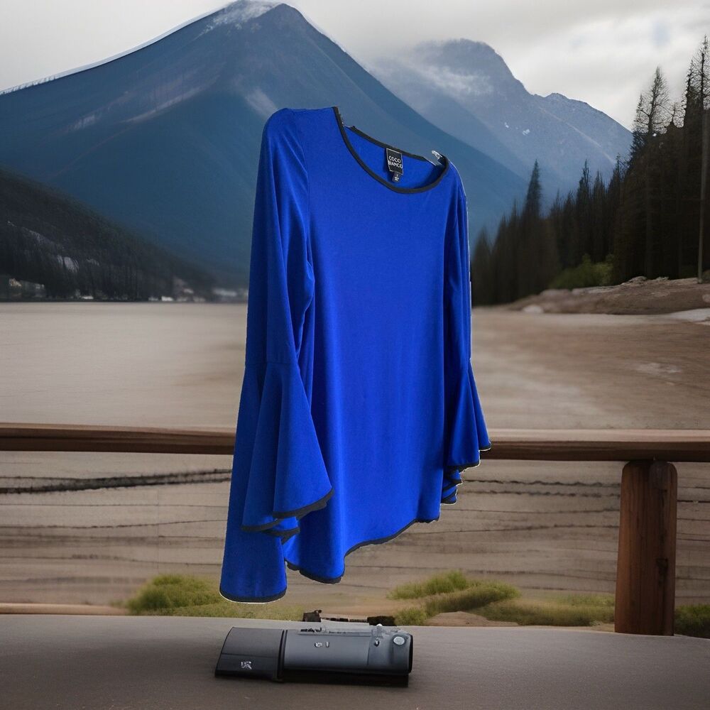 Coco Bianco Top Small Sapphire Blue Flared Sleeves Excellent Condition Stretch - Picture 3 of 16
